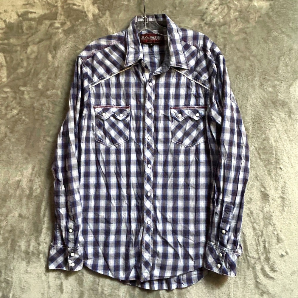 Rock and Roll Cowboy Mens Blue Plaid Western Pearl Snap Shirt B2S9072 Large